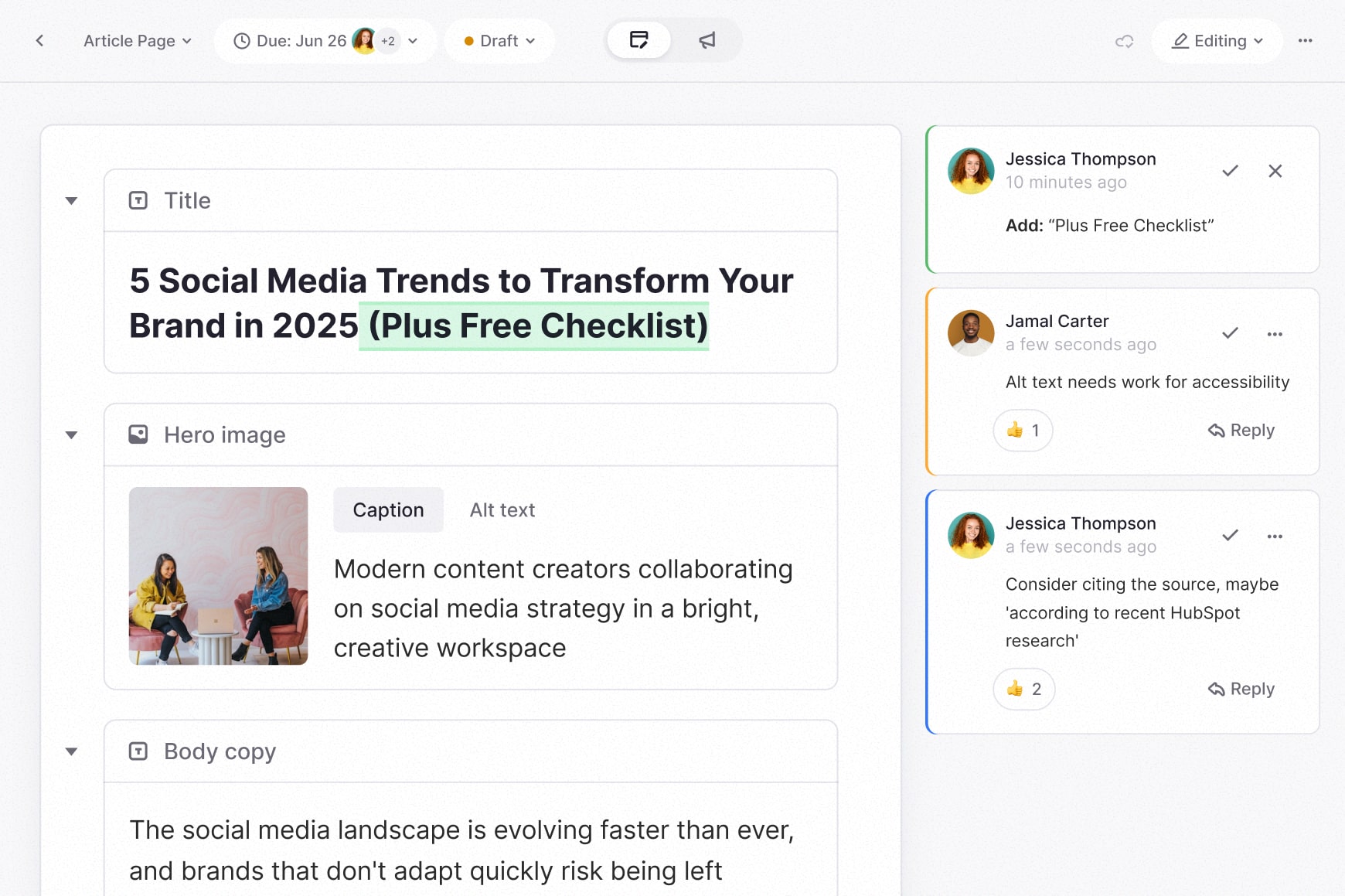Screenshot of Slickplan’s Content Planner showing how users can draft, edit and collaborate on content blocks with inline comments and feedback before exporting to a CMS.