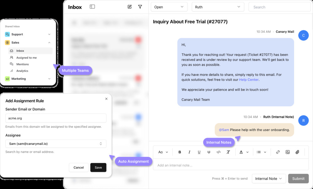 Shared Inbox by Canary dashboard and other features UI example