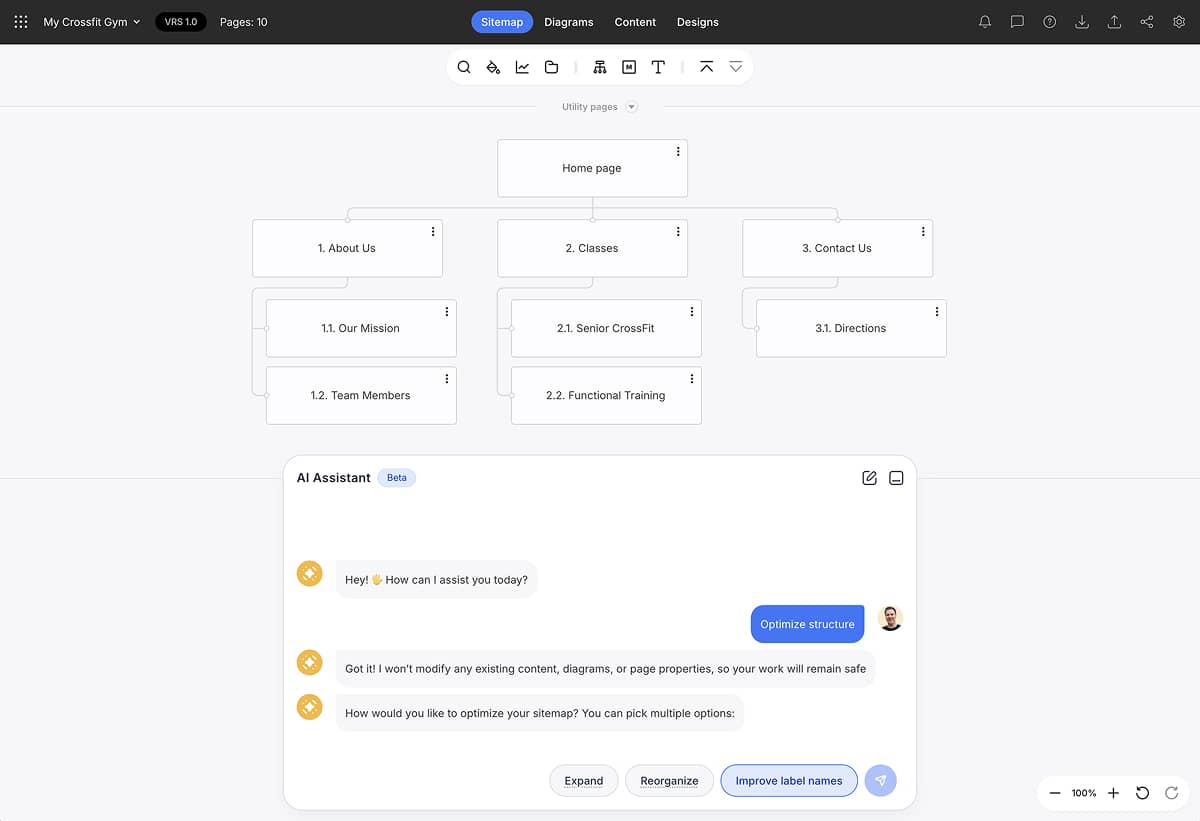 An image to show the Slickplan visual sitemap generator being used to design the hierarchy of a website structure to aid navigation