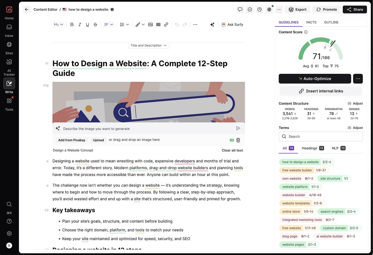  A screenshot to display how Surfer SEO produces a content score and makes optimization suggestions based on keyword opportunities