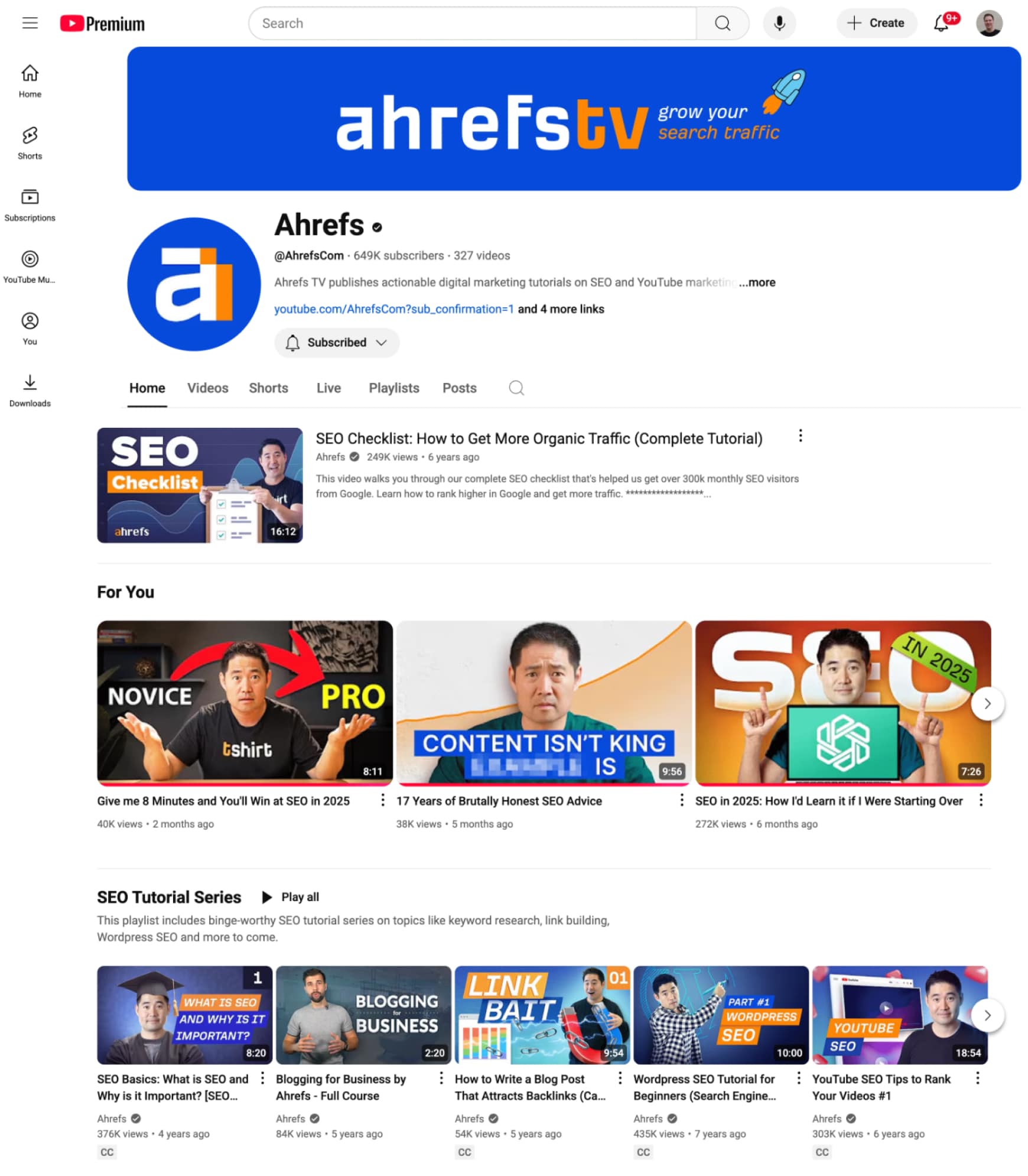 Ahrefs YouTube channel showing video thumbnails that demonstrates the role of multimedia content in SEO strategy.