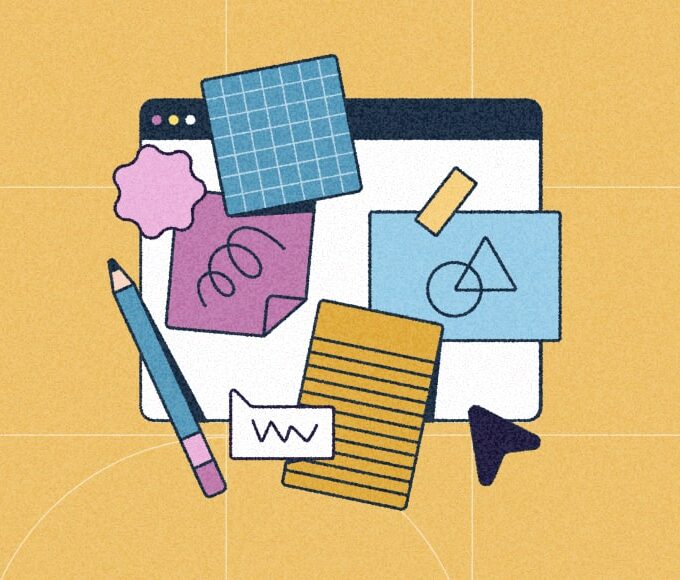 Flat illustration of creative workspace with notes and design tools symbolizing the concept development process.