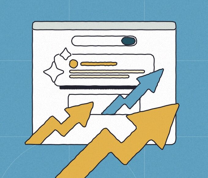 Illustration with the words: ‘Connect, Create, Convert’ next to a stylized web browser showing rising arrows that represent SEO and content performance growth.