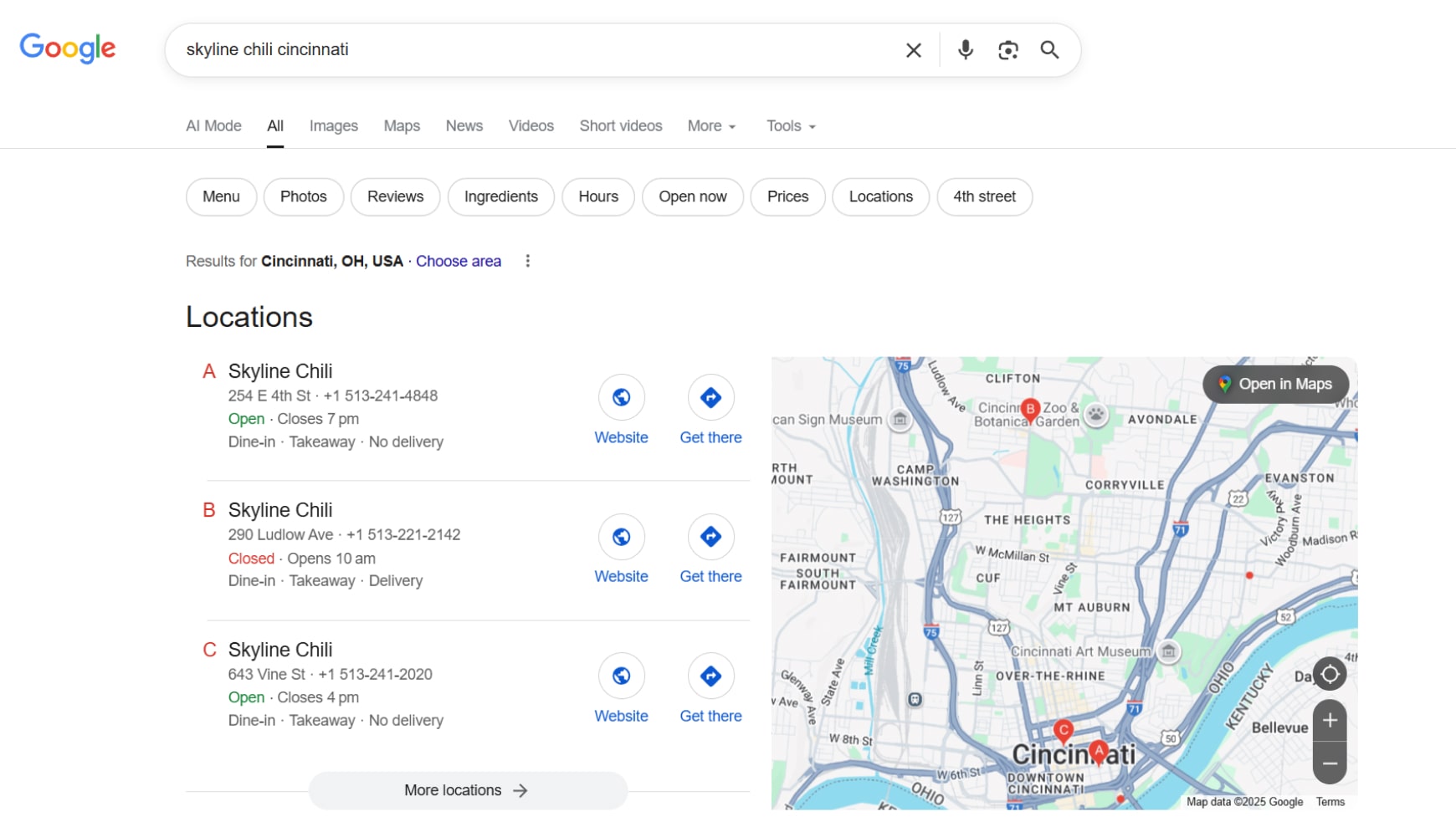 Google search results showing Skyline Chili locations in Cincinnati with a local map pack and business details.