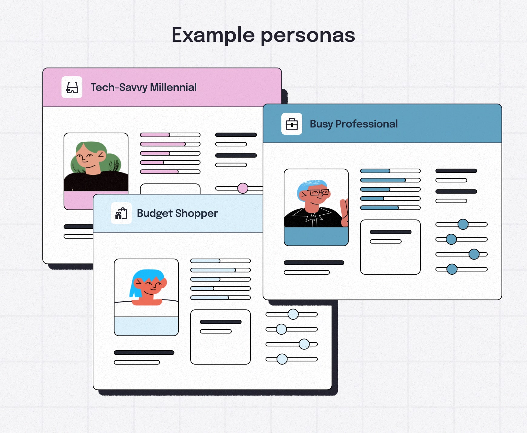 Illustrated profiles of customer personas representing different audience segments in an SEO content strategy.