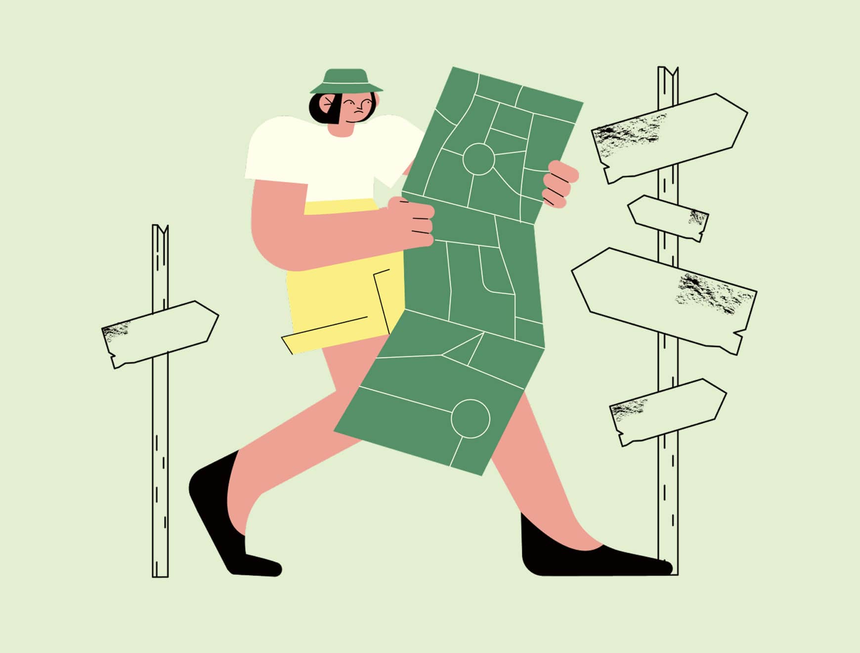 Illustration of a person following a winding path toward a goal flag, symbolizing challenges in SEO and content marketing, such as competition, algorithm updates and evolving user expectations.