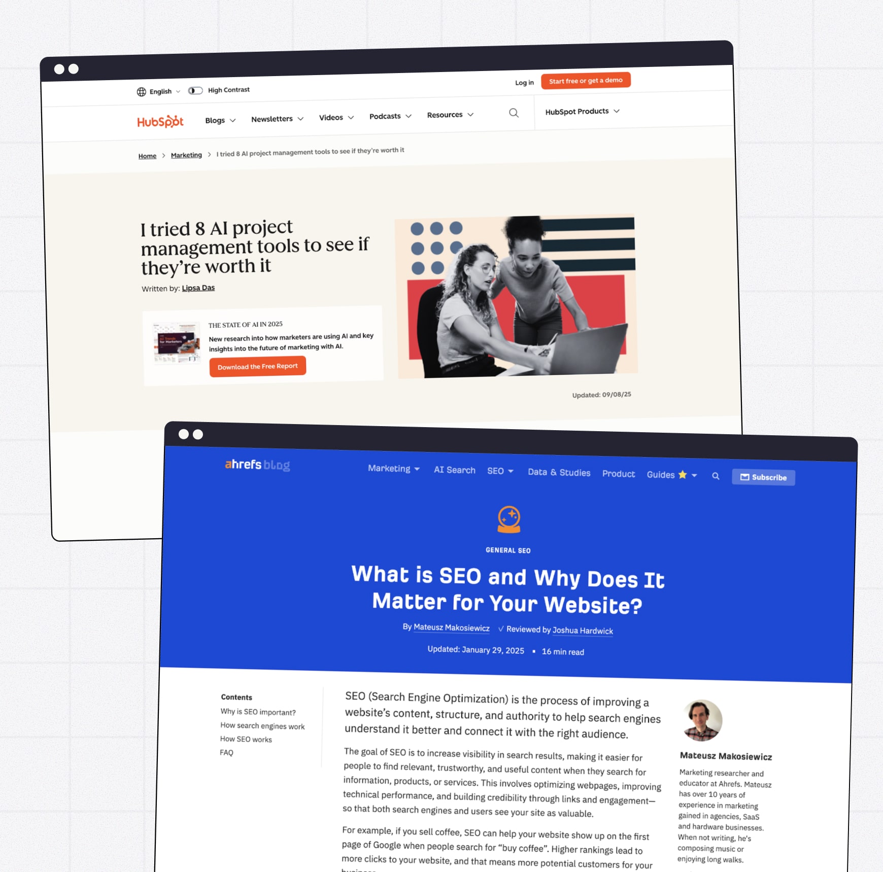 Examples of SEO blog articles from HubSpot and Ahrefs showing how high-quality content is structured for search visibility.