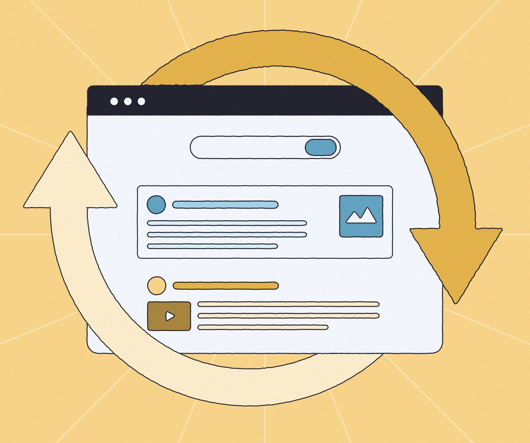 Circular diagram with a search results page at the center, representing the ongoing cycle of SEO and content marketing adapting to frequent algorithm updates.