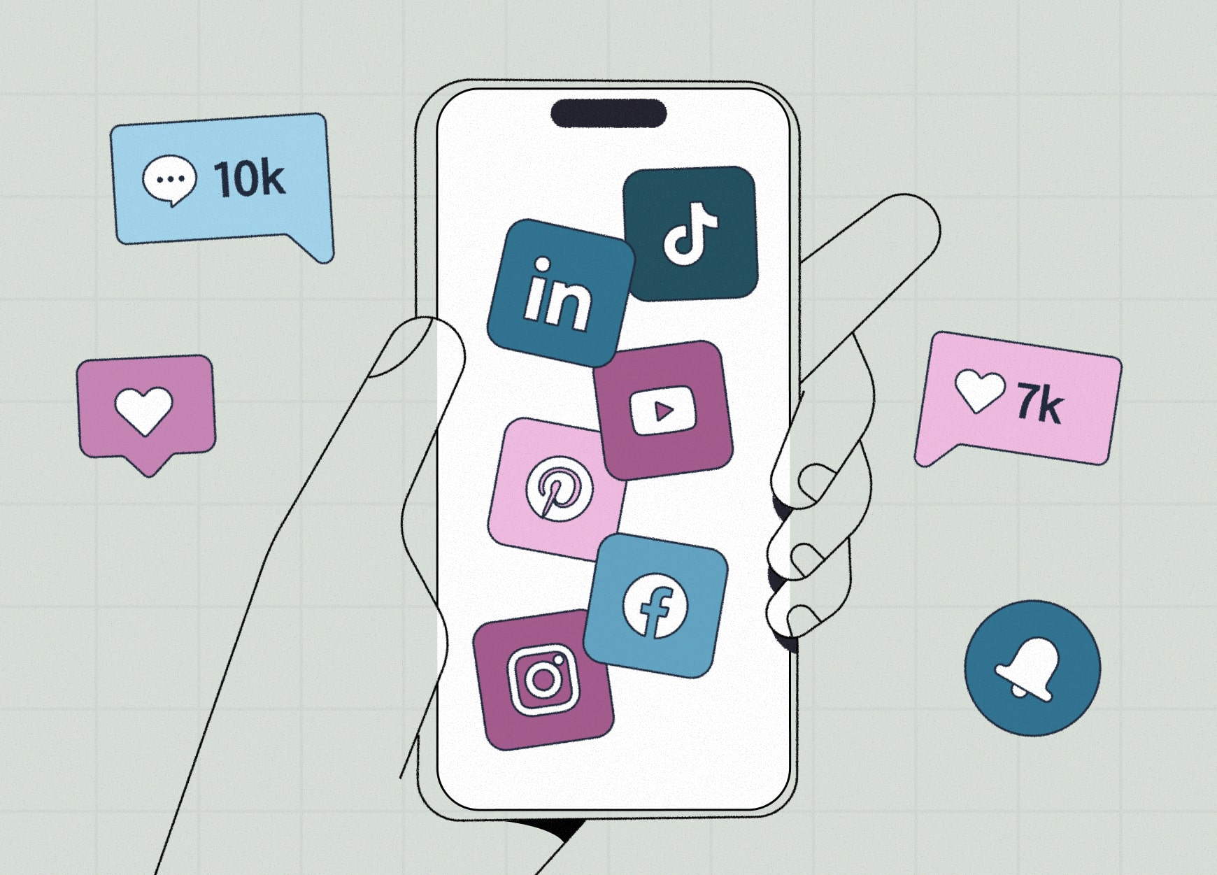 Icons of LinkedIn, Facebook, Instagram, TikTok and other platforms highlighting how social media supports a content and SEO strategy.