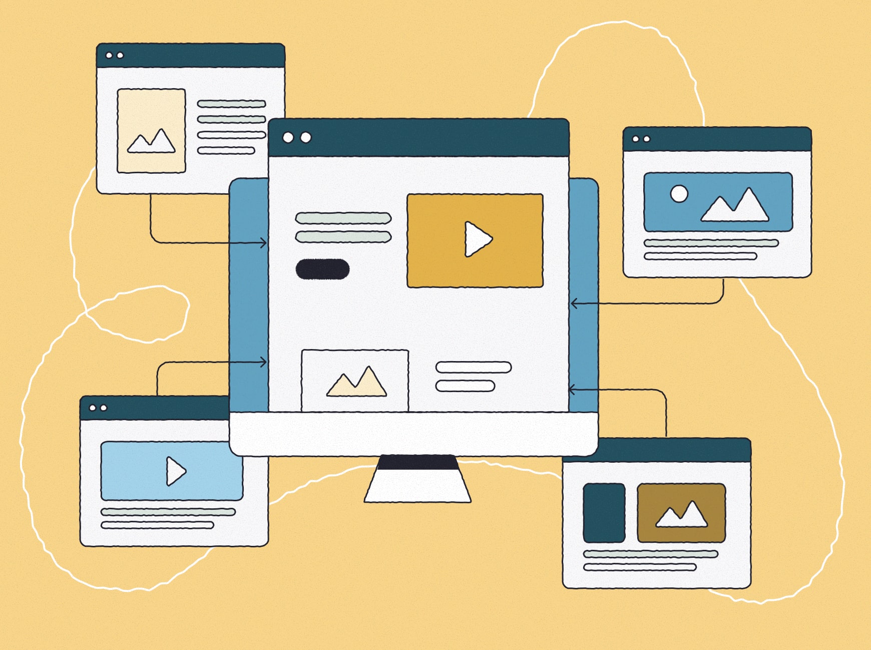 Illustration showing multiple websites linking to a single page, representing key backlink strategies like guest posting, PR outreach and creating link-worthy content.