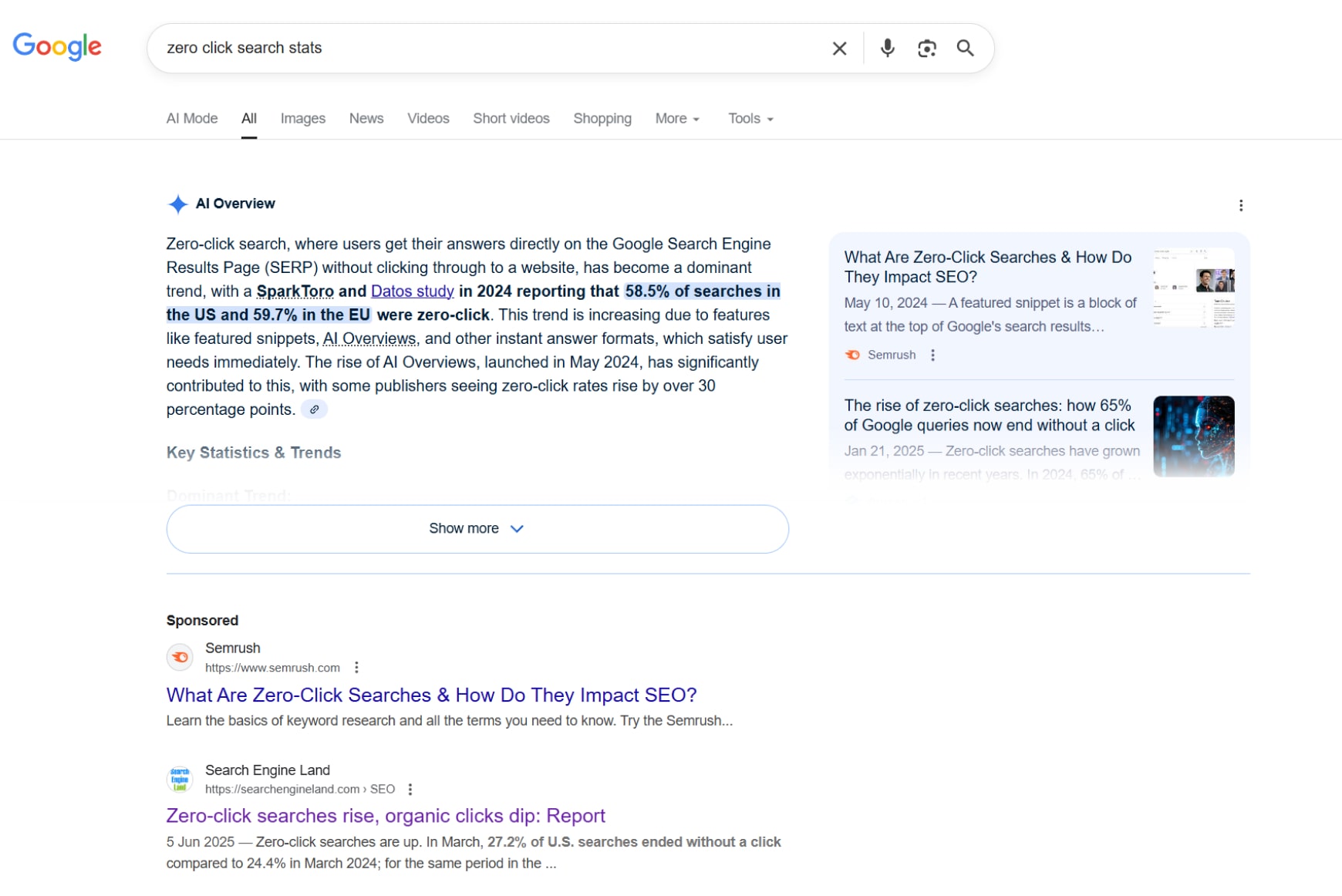 Google search results page showing AI Overview and featured snippets that answer queries directly without clicks.