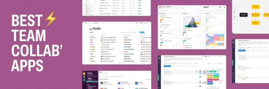 Banner graphic with the text “Best Collab’ Apps for Teams” alongside a collage of various team collaboration app interfaces.