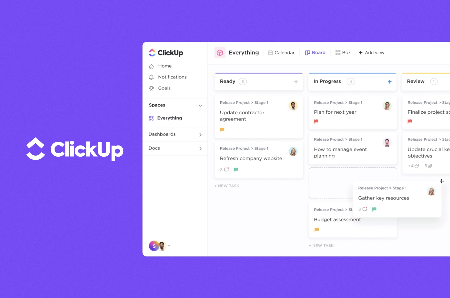 A ClickUp task board showing shared team projects and workflow stages for collaboration and planning.