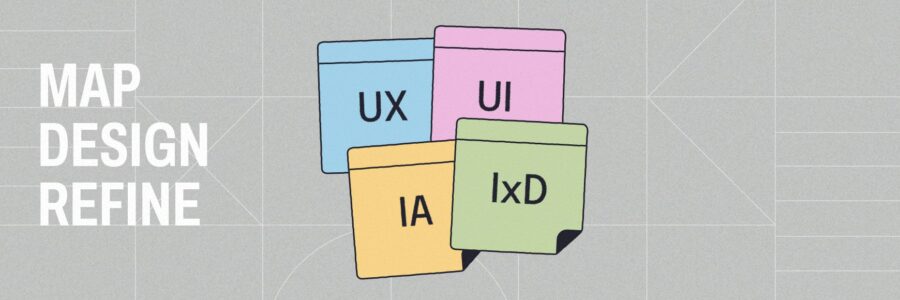 Feature banner showing stacked text alongside simple artwork incorporating the UX, UI, IA and IxD acronyms.