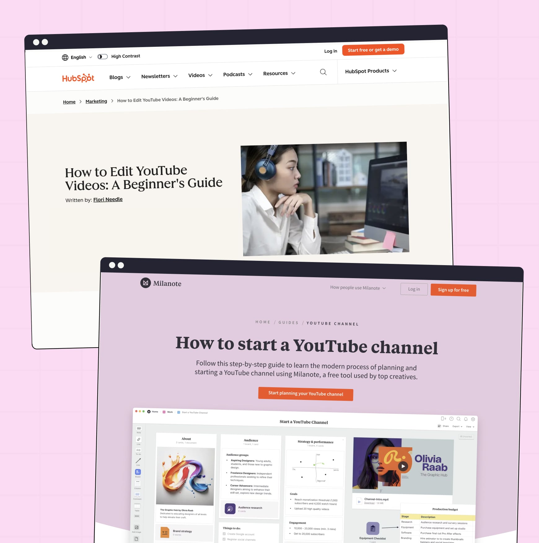 Collage of two how-to guide examples from Milanote and HubSpot, showing articles on starting and editing YouTube channels to illustrate SEO tutorial-style content.