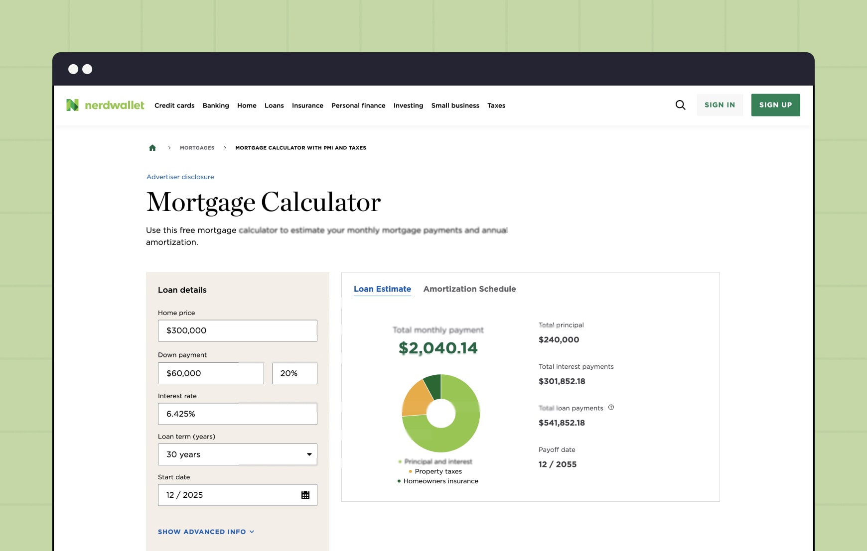 Screenshot of NerdWallet’s mortgage calculator, an example of interactive SEO content that creates engagement.