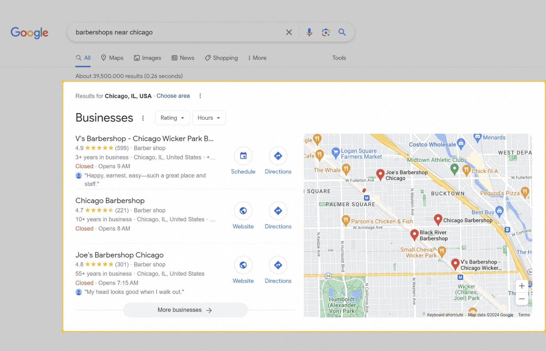 Screenshot of a Google search for barbershops near Chicago showing local map listings and Google My Business profiles.