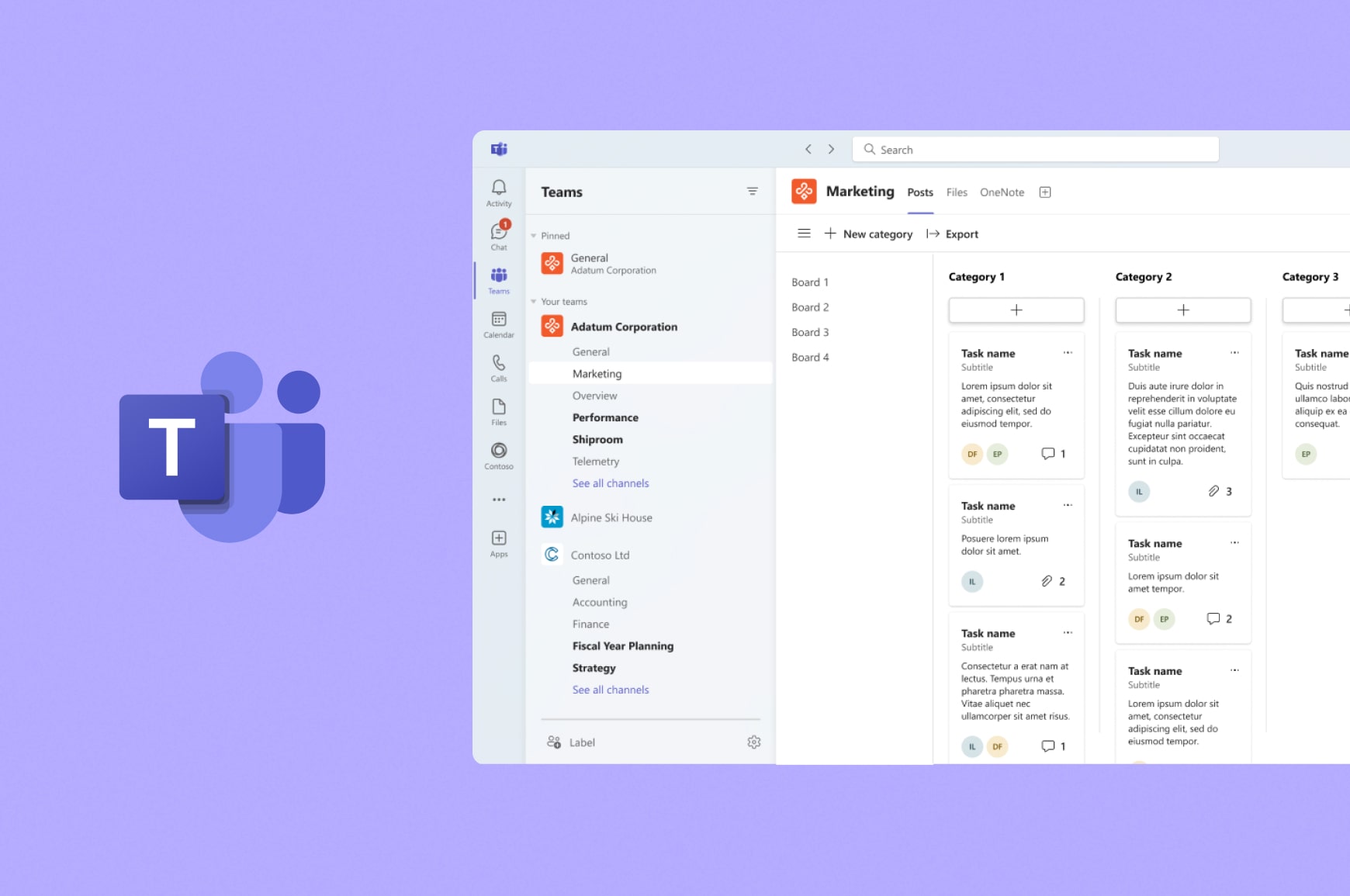 A Microsoft Teams screen displaying chat, meetings and shared files in a unified team collaboration hub.