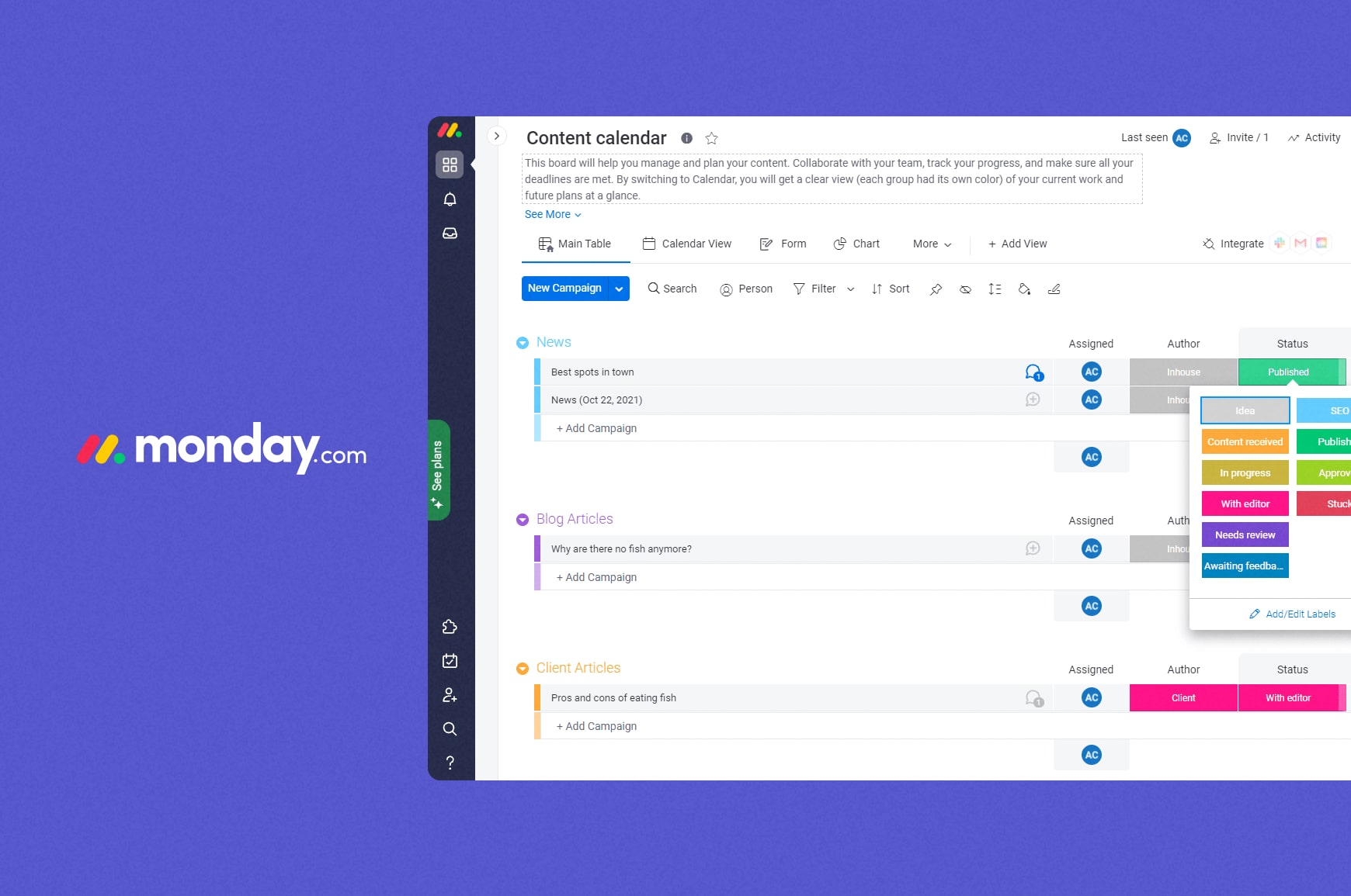 A Monday.com content calendar board showing shared tasks and statuses used for team collaboration and planning.