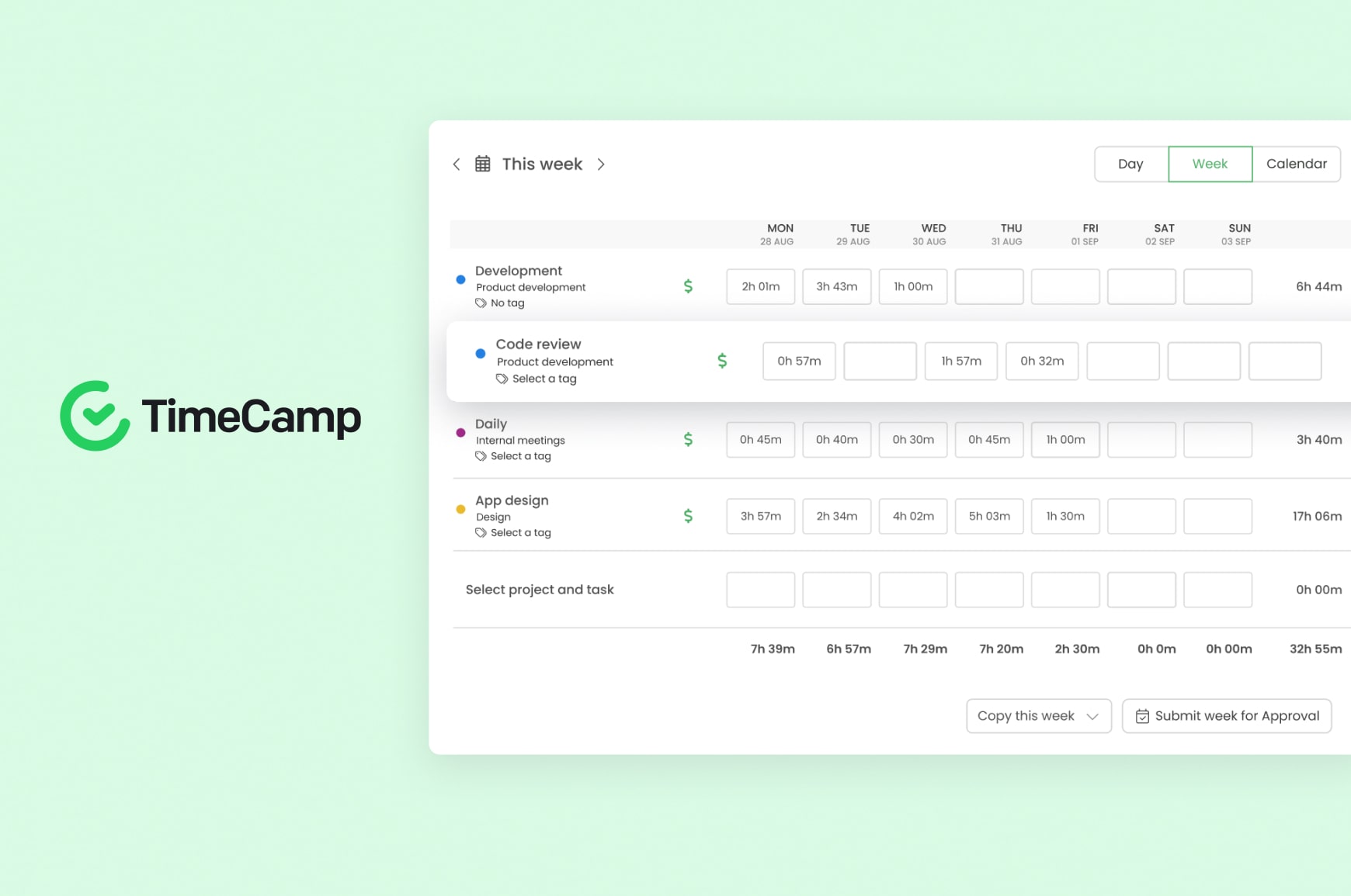 A TimeCamp dashboard showing tracked hours and productivity insights across team projects.