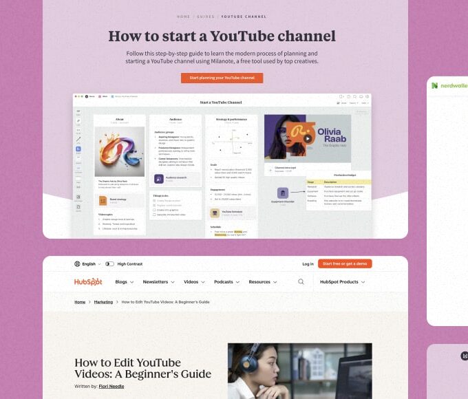 Collage showing examples of different SEO content types, including blog posts, guides, videos and landing pages.