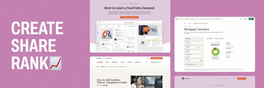Collage showing examples of different SEO content types, including blog posts, guides, videos and landing pages.
