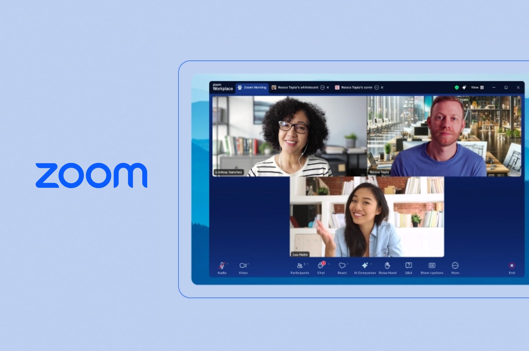 A Zoom Workplace screen with a team video meeting and collaboration tools like chat and whiteboard.
