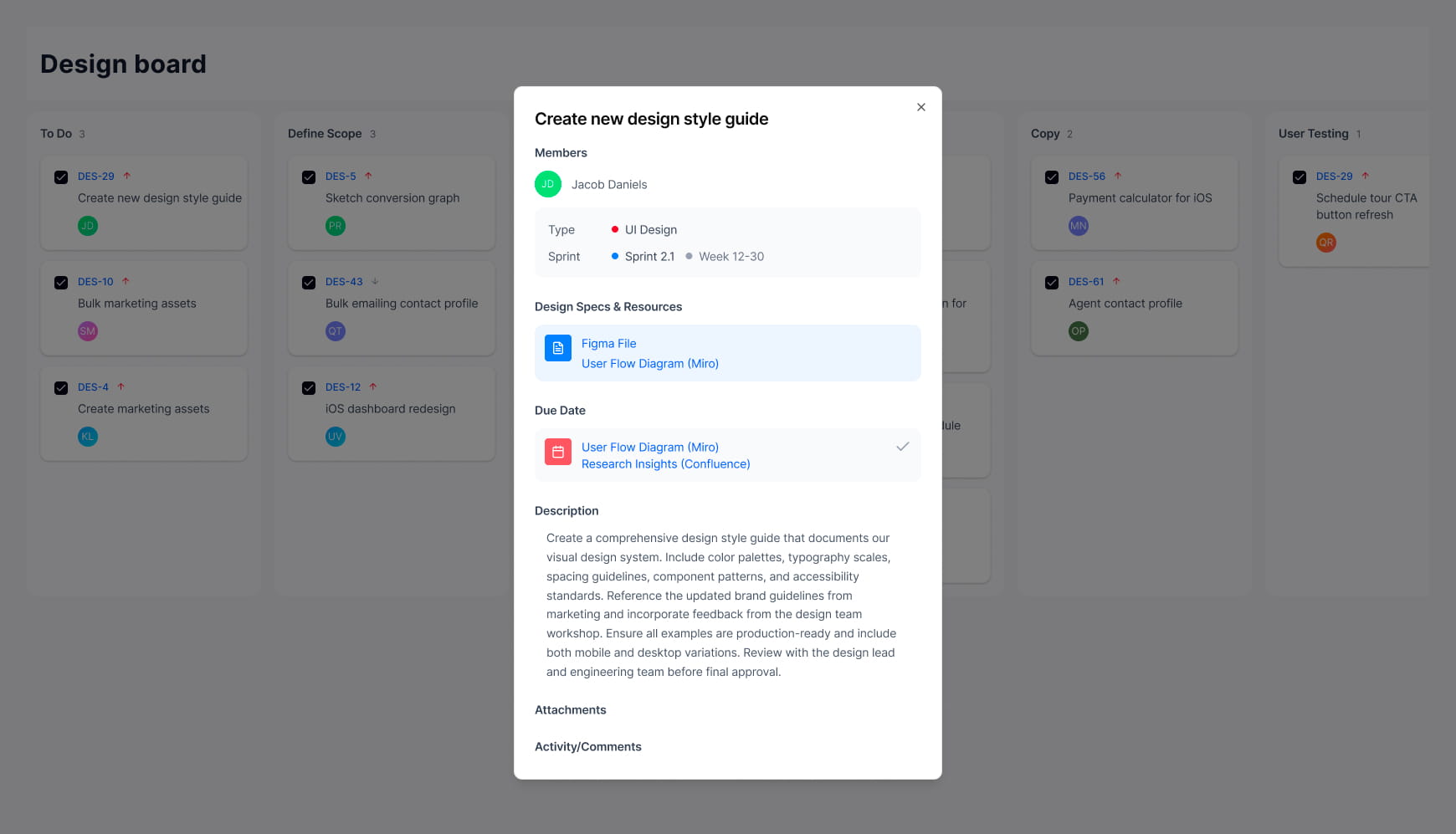 Close-up of a Kanban task card showing UX work details, labels, attachments and linked design resources.
