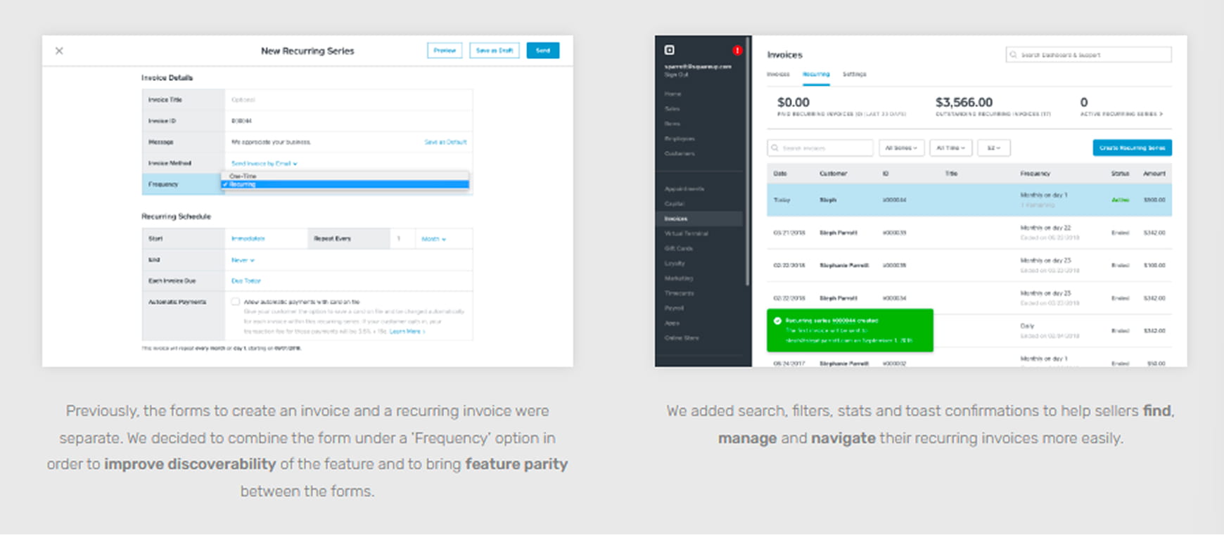 Screenshot of Steph Parrott’s Square invoicing case study connecting UX research, prioritization and usability testing to measurable product adoption outcomes