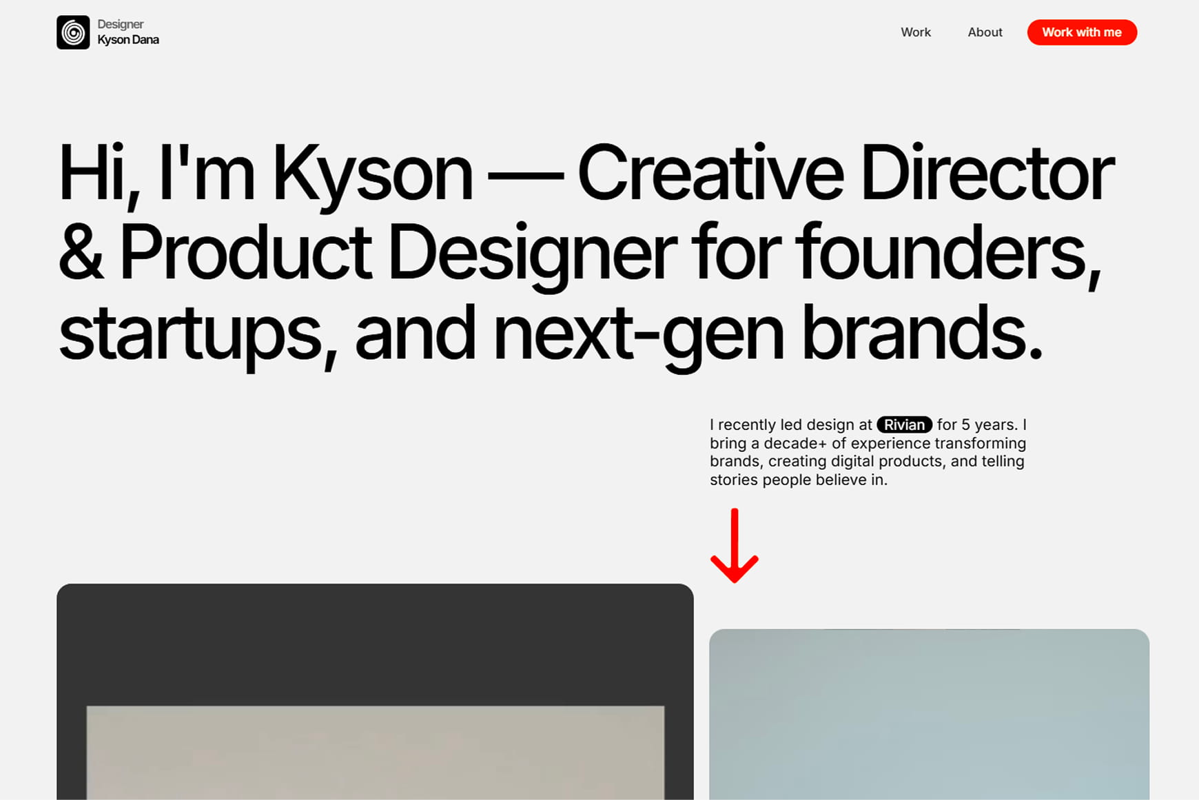 Screenshot of Kyson Dana’s portfolio landing page showing a clear role statement and a direct, scannable path to case studies