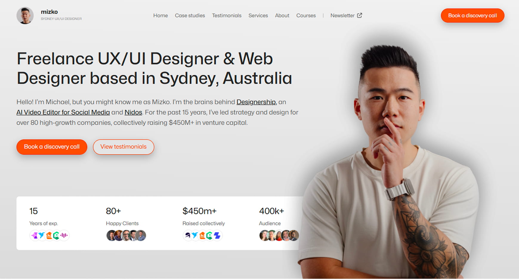 Screenshot of Mizko’s portfolio landing page combining strong personal branding with clear navigation and easy access to case studies