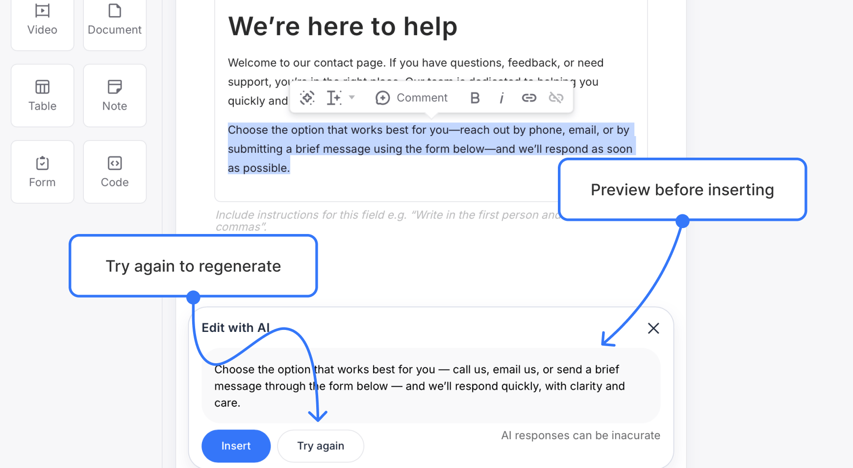 Screenshot of the AI response preview with Insert and Try again buttons. Labels reading “Preview before inserting” and “Try again to regenerate”.