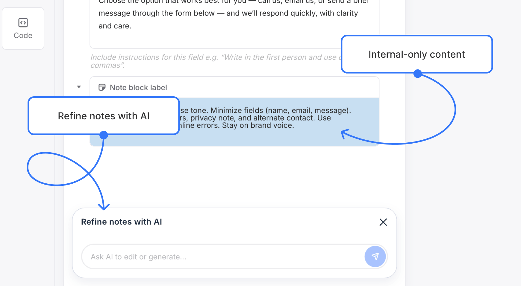 Screenshot of a notes block with the AI modal open. Arrow pointing to the modal title labeled “Refine notes with AI.” Secondary label reading “Internal-only content”.