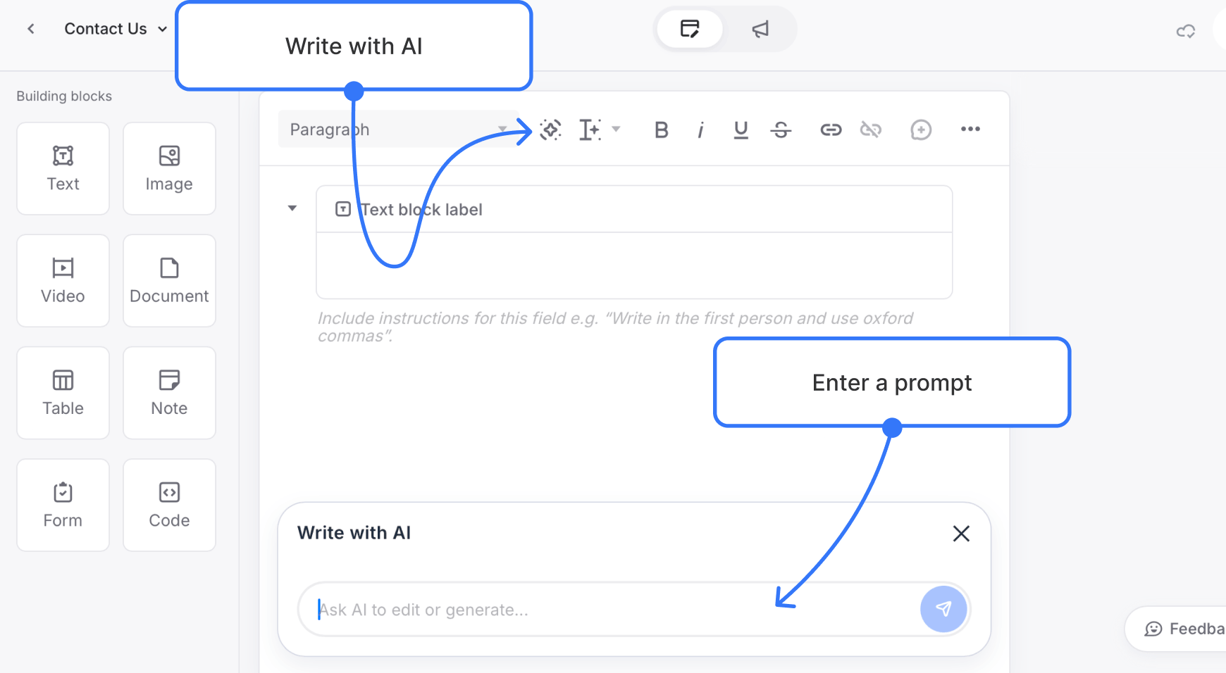 Screenshot of a rich text block with the editing toolbar visible. Arrow pointing to the AI icon labeled “Write with AI.” Second annotation pointing to the prompt field labeled “Enter a prompt.”