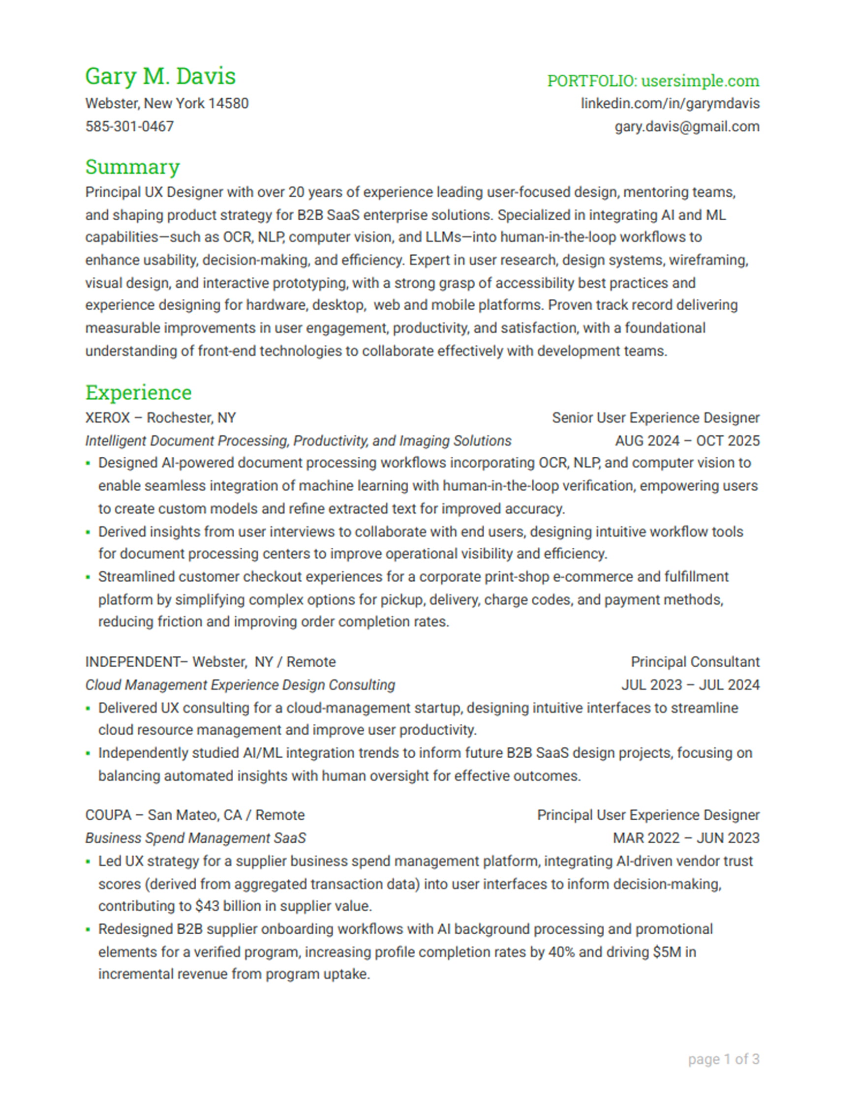 Senior UX designer resume example showing enterprise-scale experience, complex systems work and long-term impact across platforms.