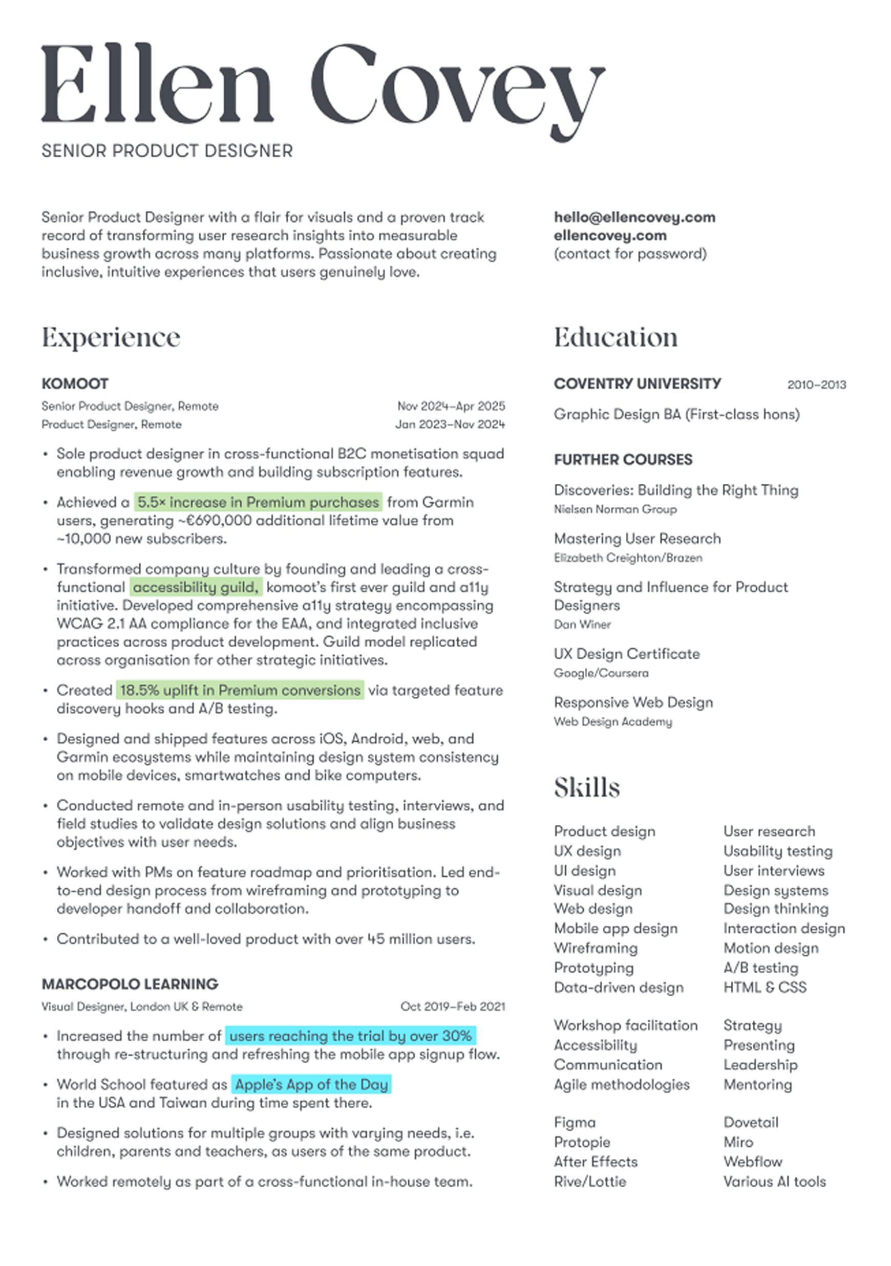 Senior UX designer resume example highlighting measurable outcomes, clear section hierarchy and impact-focused experience bullets.