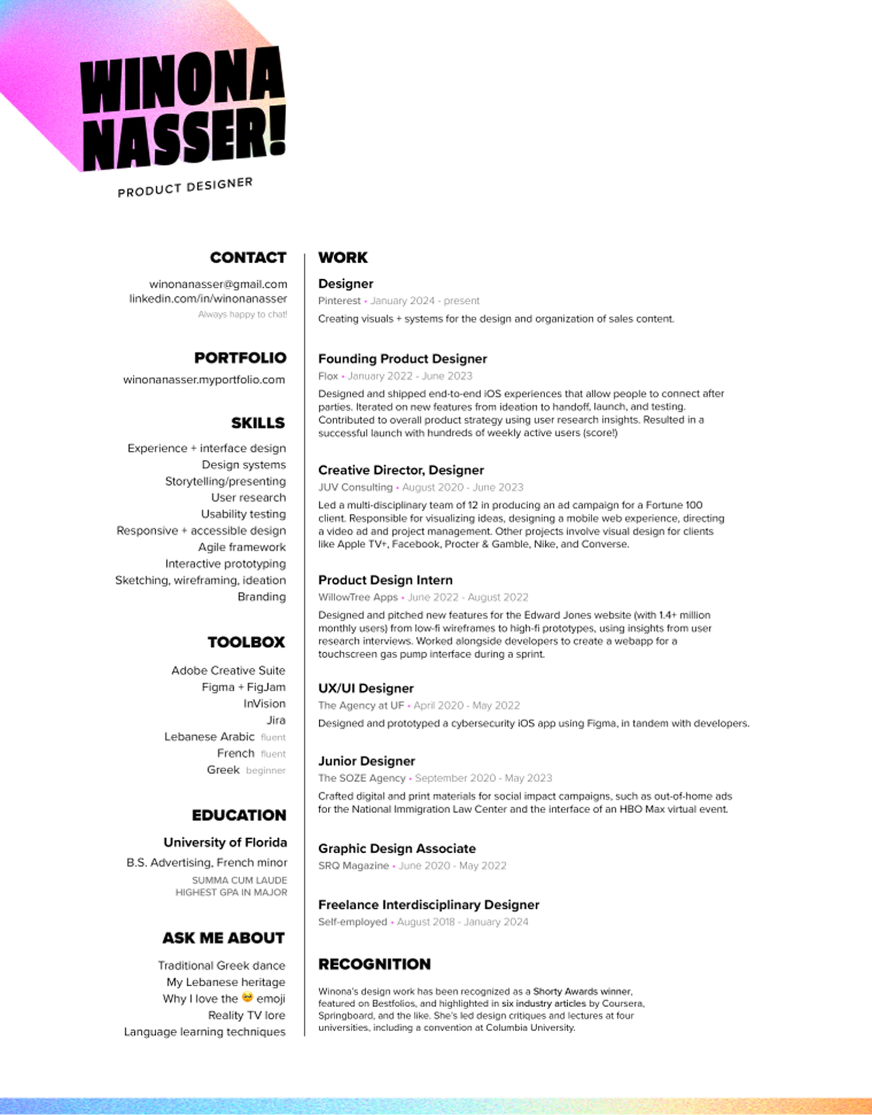 UI and UX designer resume example emphasizing strong visual identity, clear layout and an easy-to-find portfolio link.