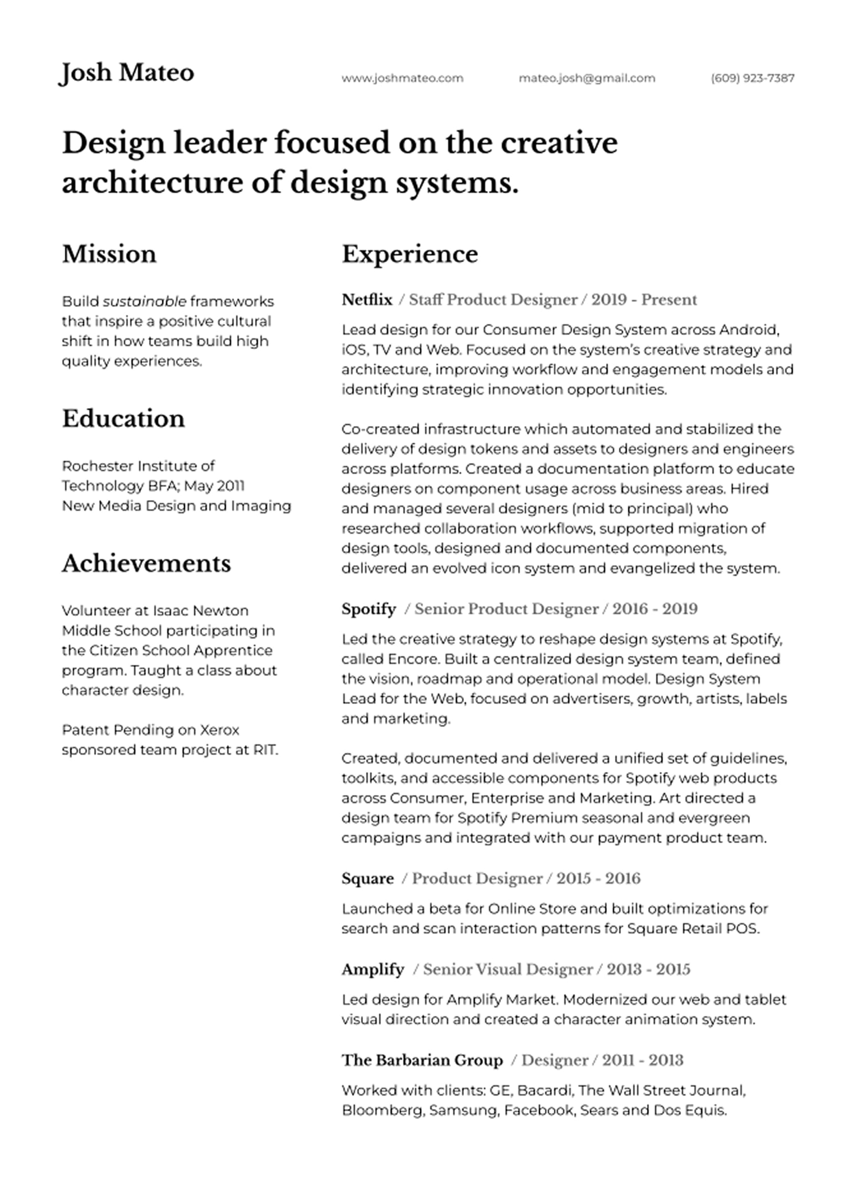 UX designer resume example focused on design systems, cross-platform experience and scalable design architecture.