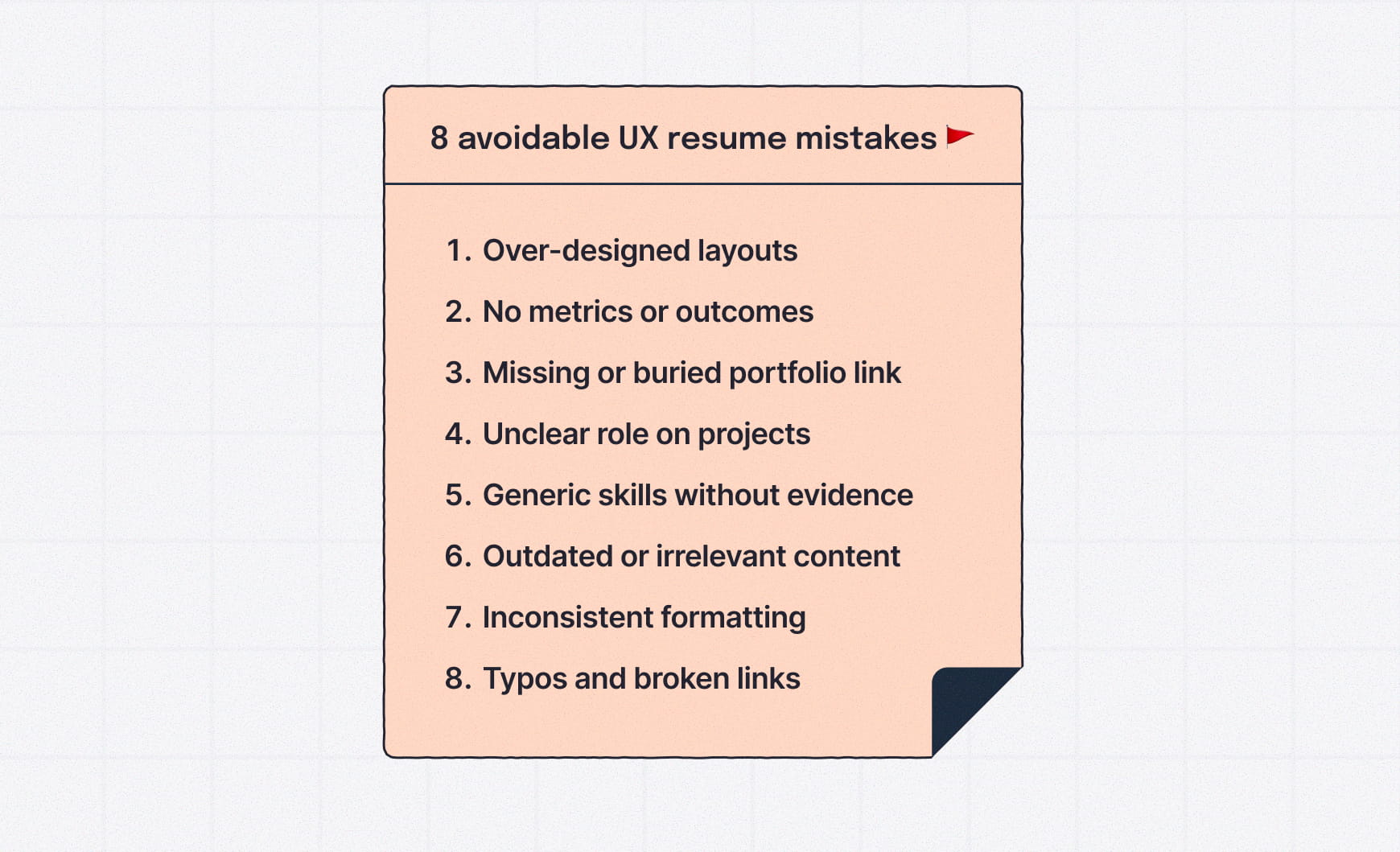 Infographic outlining common UX designer resume mistakes, including over-designed layouts, missing metrics, buried portfolio links and inconsistent formatting.