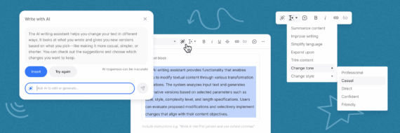 Write with AI inside Slickplan’s page editor