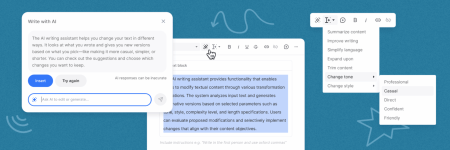 AI writing assistant built into Slickplan’s page editor