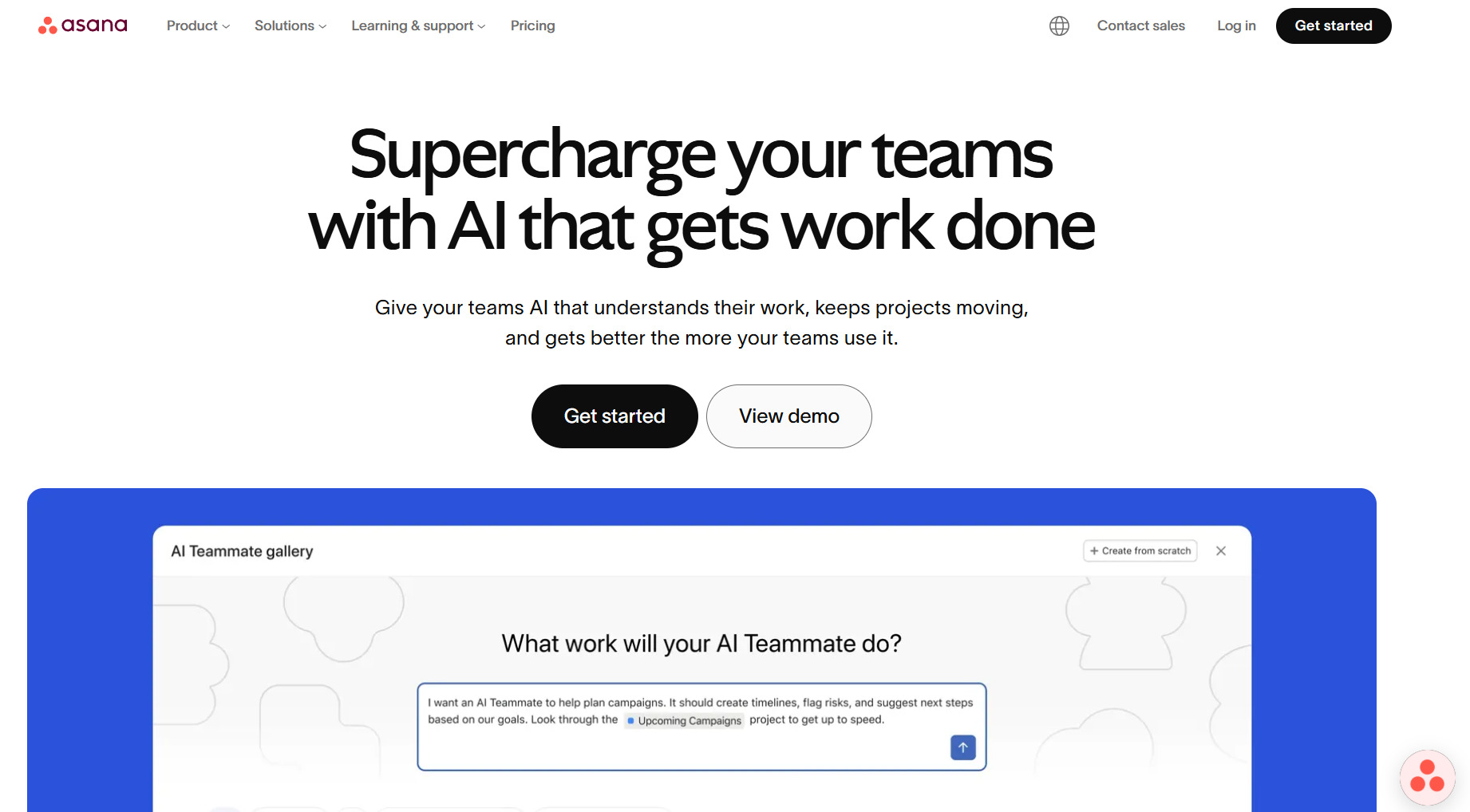 Asana homepage showing call-to-action examples with “Get started” and “View demo” buttons for AI productivity.