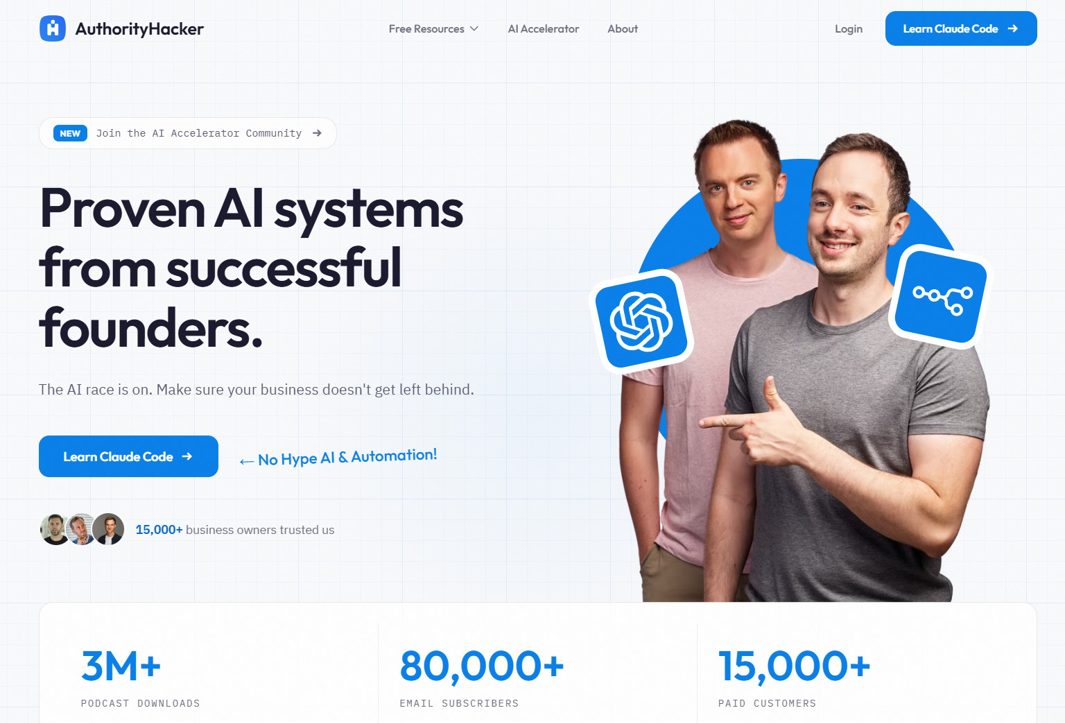 Authority Hacker landing page featuring a call to action promoting an AI course with a “Learn Claude Code” button.