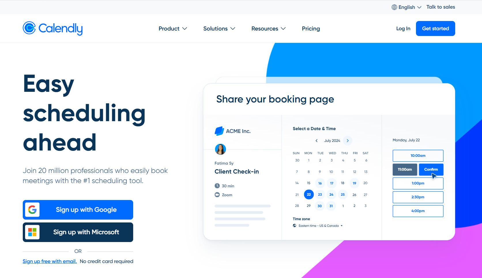 Calendly homepage with call-to-action examples, including “Sign up with Google” and scheduling interface preview.
