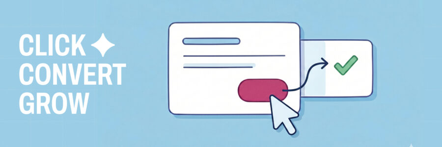 Illustration showing a call-to-action button being clicked, leading to a successful conversion with a checkmark