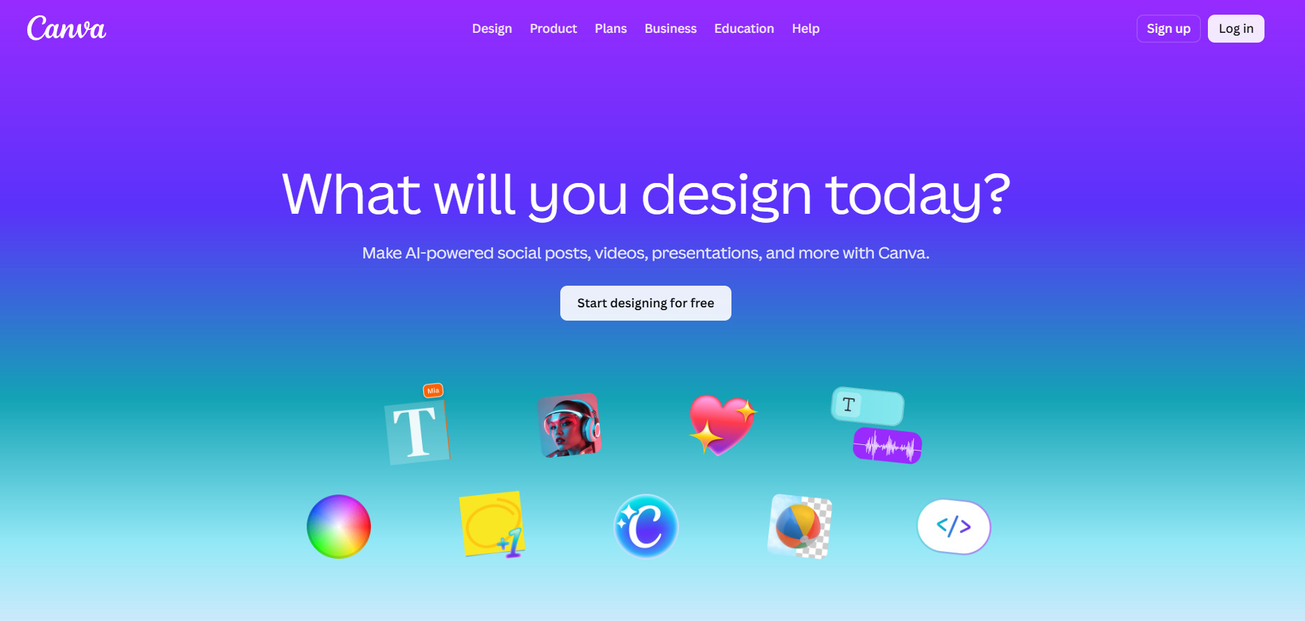 Canva homepage highlighting call-to-action examples with “Start designing for free” button and design tools.
