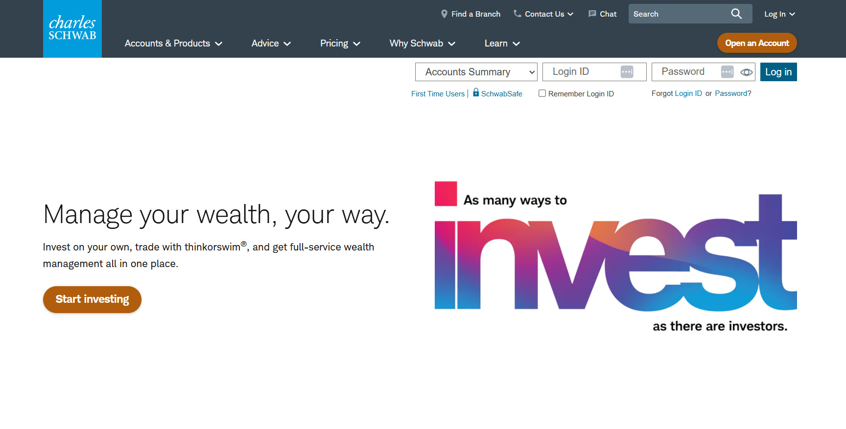Charles Schwab homepage showing a call to action in marketing with a prominent “Start investing” button for financial services.