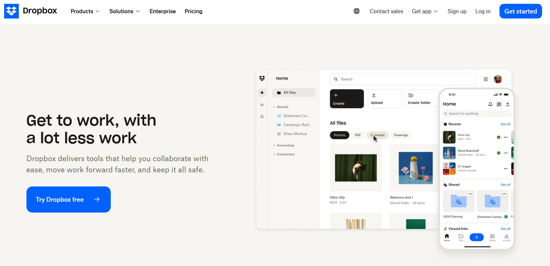 Dropbox homepage with clear call-to-action examples, including a “Try Dropbox free” button and product interface.