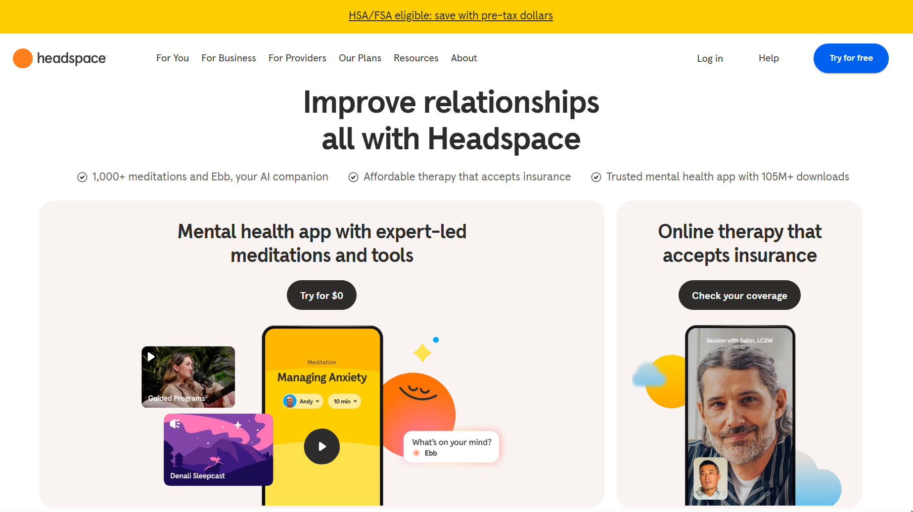 Headspace homepage showing call to action in web design with “Try for $0” and “Check your coverage” buttons.