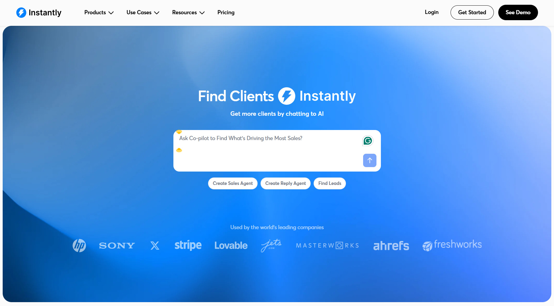 Instantly homepage with call-to-action examples for sales tools like “Create Sales Agent” and “Find Leads”.